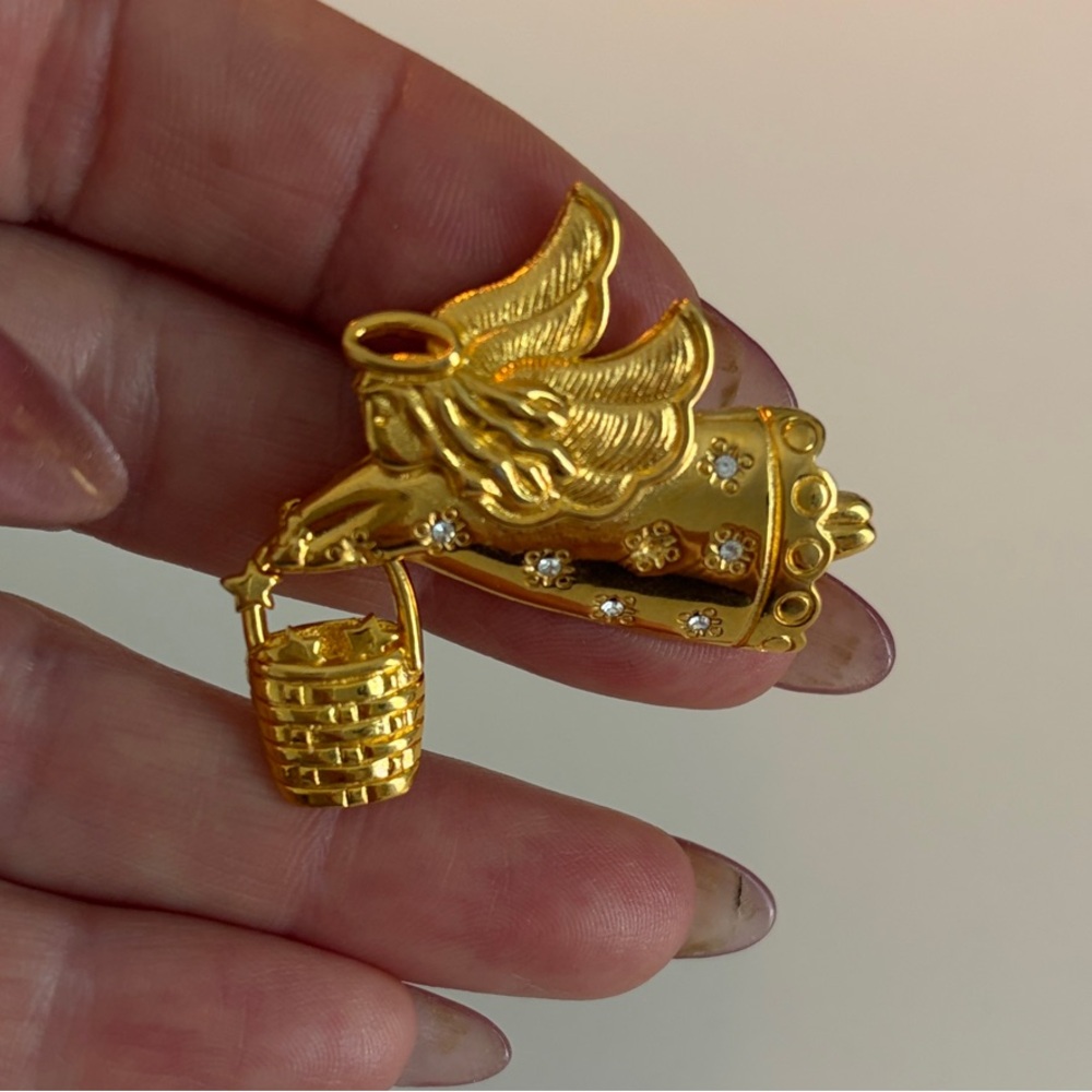 Gold Tone Angel Brooch with Dangling Basket and Rhinestones
